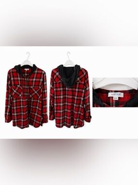 Red Plaid Hooded Flannel Shirt
